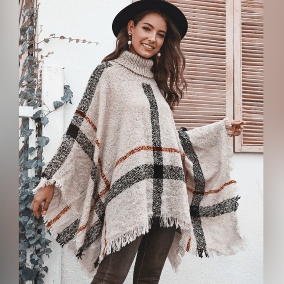🌸Boho Loose Tassel Plaid Poncho Turtleneck Jmper - Picture 1 of 4